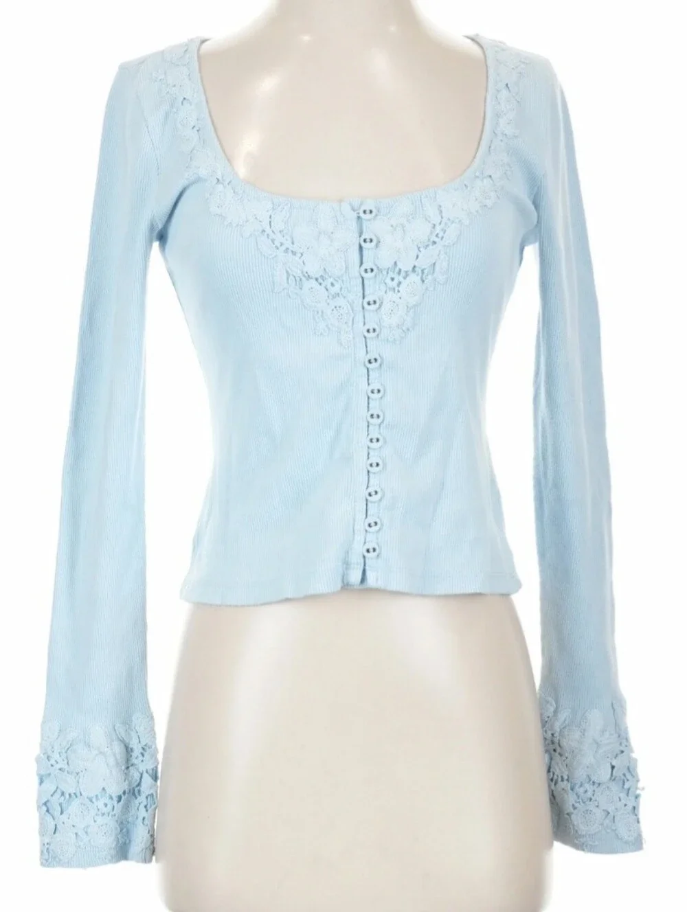 By Anthropologie Long Sleeve Lace Trim Blouse-Light Blue